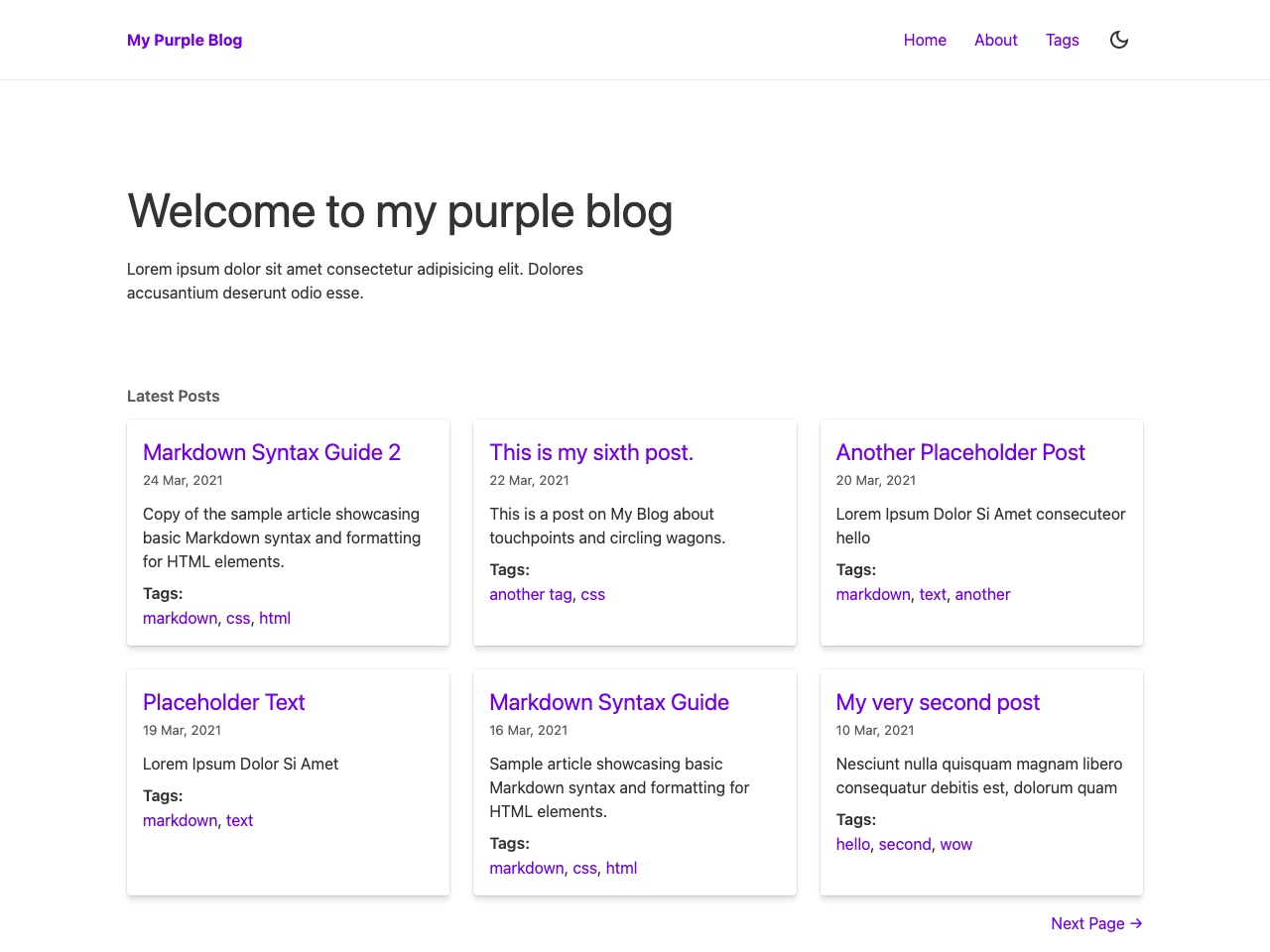 Eleventy + Stylus Blog Theme - Purple screenshot